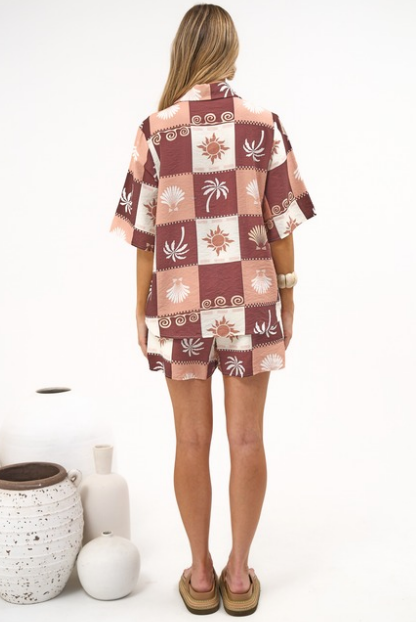 Mirian Button Up Shirt And Shorts Set - Serena Print Tan