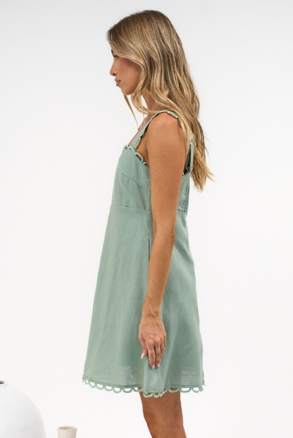 Darla Mini Dress - Scallop Trim Thick Strap Cotton Sun Dress in Khaki
