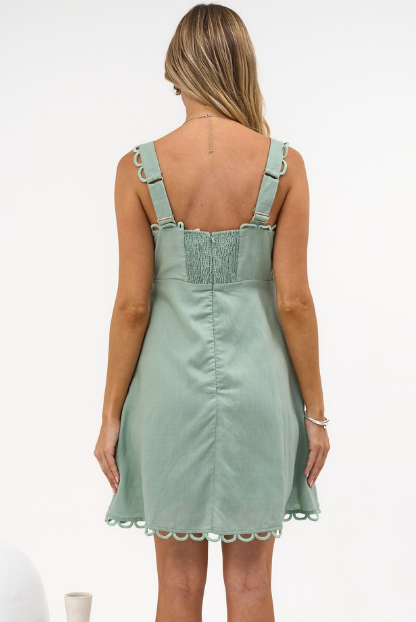 Darla Mini Dress - Scallop Trim Thick Strap Cotton Sun Dress in Khaki