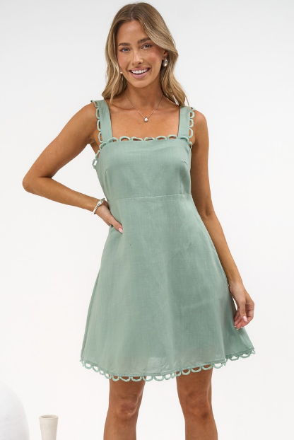 Darla Mini Dress - Scallop Trim Thick Strap Cotton Sun Dress in Khaki