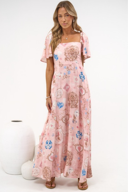 Ashby Maxi Dress - On or Off Shoulder A-Line Dress with Pockets in Everrose Print