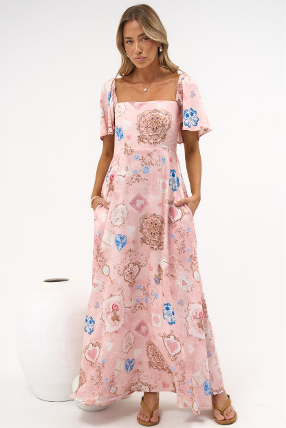 Ashby Maxi Dress - On or Off Shoulder A-Line Dress with Pockets in Everrose Print