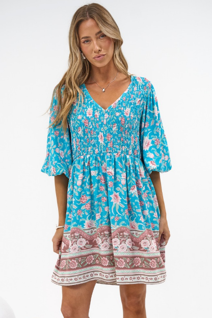 Brissa Mini Dress - V-Neck Shirred Bodice Balloon Sleeve Dress in Marina Blu Print