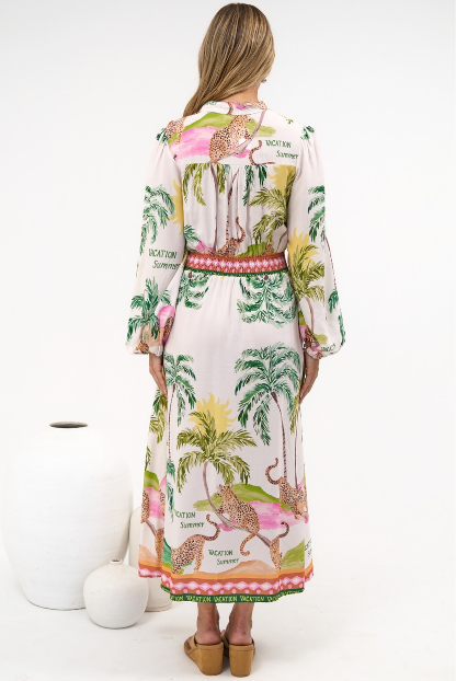 Khalid Maxi Dress - V neck Long Sleeve Maxi Dress in Vacation Print