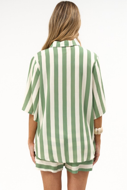 Mirian Button Up Shirt And Shorts Set in Green Stripe