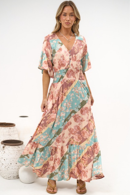 Jemina Maxi Dress - V-Neck Elasticated Waist A-Line Dress in Clavelle Print