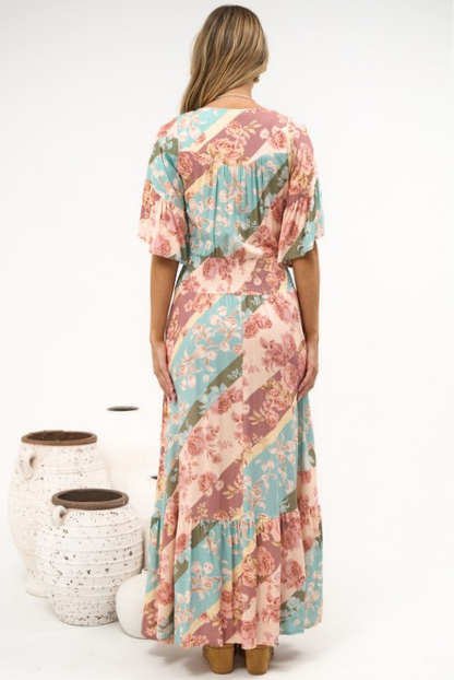 Jemina Maxi Dress - V-Neck Elasticated Waist A-Line Dress in Clavelle Print