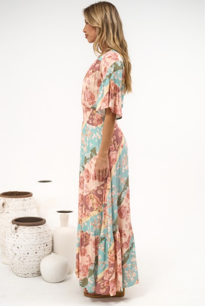 Jemina Maxi Dress - V-Neck Elasticated Waist A-Line Dress in Clavelle Print