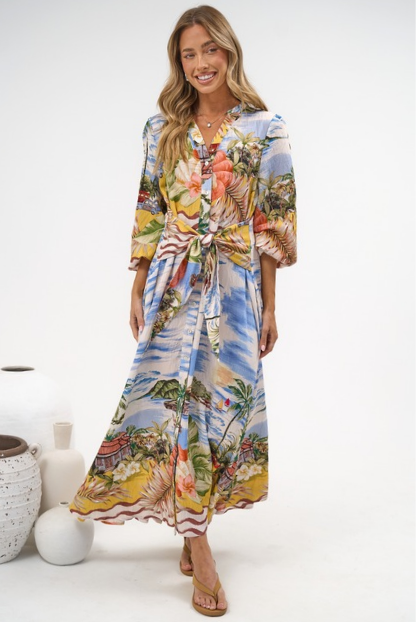 Ralph Maxi Dress - V Neck Button Down Maxi Dress in Island Breeze Print