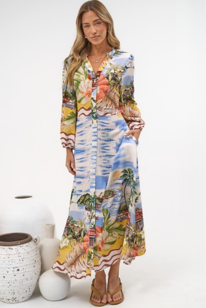 Ralph Maxi Dress - V Neck Button Down Maxi Dress in Island Breeze Print