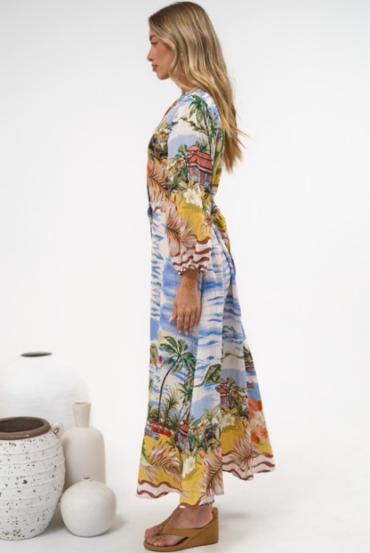 Ralph Maxi Dress - V Neck Button Down Maxi Dress in Island Breeze Print