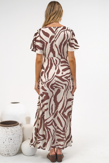 Elaine Maxi Dress - V Neck Flutter Sleeve Maxi Dress In Toti Print