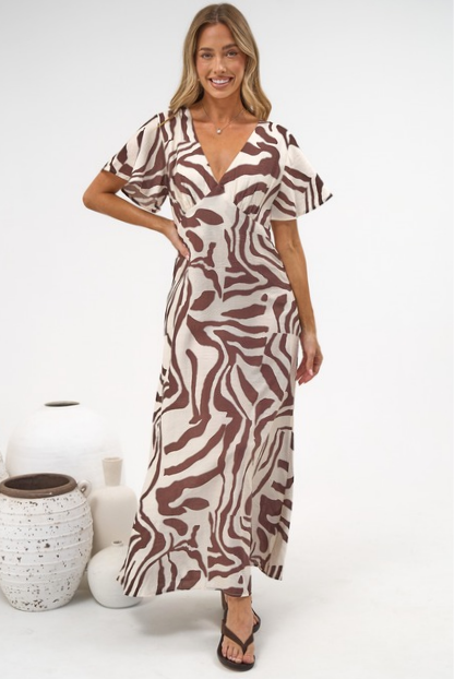 Elaine Maxi Dress - V Neck Flutter Sleeve Maxi Dress In Toti Print