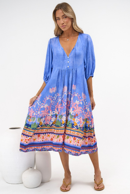 Muse Midi Dress - V Neck 3/4 Sleeve A Line Midi Dress in Clara Print