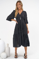Kella Midi Dress - V Neck Long Sleeve A Line Tiered Dress in Black