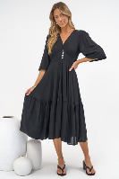 Kella Midi Dress - V Neck Long Sleeve A Line Tiered Dress in Black
