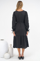 Kella Midi Dress - V Neck Long Sleeve A Line Tiered Dress in Black