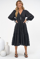 Kella Midi Dress - V Neck Long Sleeve A Line Tiered Dress in Black
