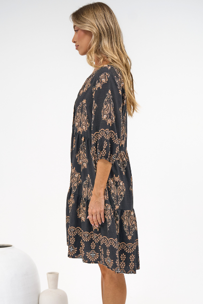 Sorrento Mini Dress - V-Neck Shift Dress with Balloon Sleeves in Soleil Print