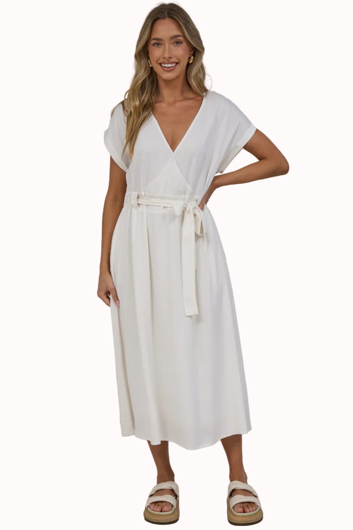 Macy Midi Dress - V Neck A Line Dress with Cuffed Cap Sleeves and Waist TIe in Beige