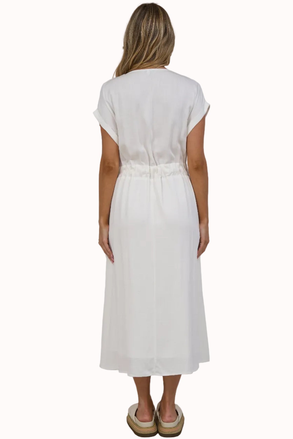 Macy Midi Dress - V Neck A Line Dress with Cuffed Cap Sleeves and Waist TIe in Beige