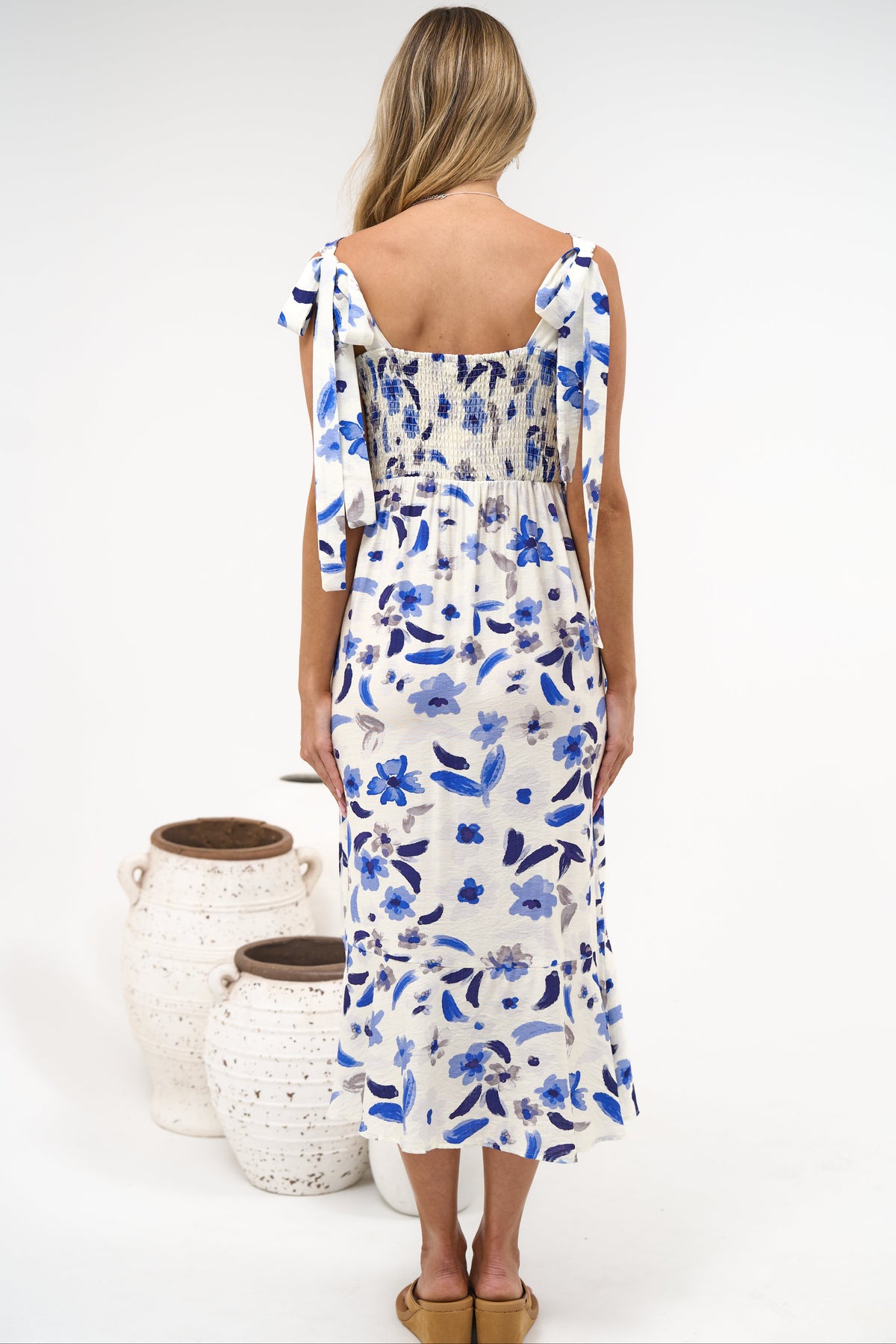 Teala Midi Dress - Tie Shoulder Square Neck Dress with Tiered Hemline in Delphinia Print