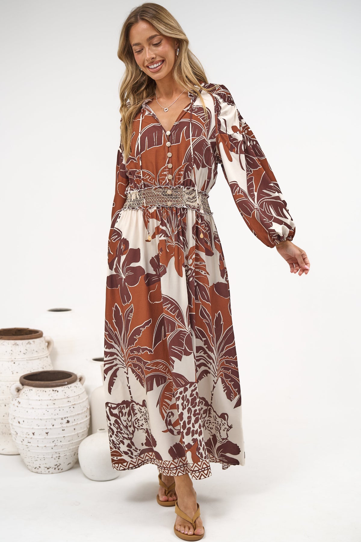 Prisca Maxi Dress - V Neck A Line Long Sleeve Dress with Pockets Samara Print