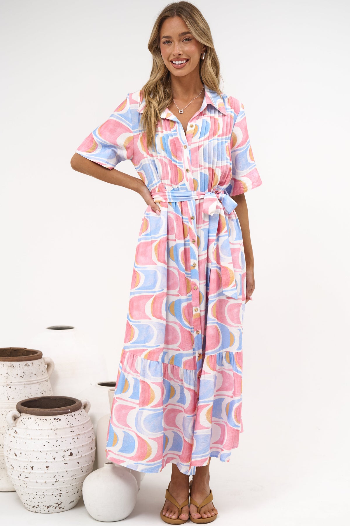 Vespera Maxi Dress - Collared Pintuck Detailed Shirt Dress with Matching Waist Tie in Sunset Swirl Print