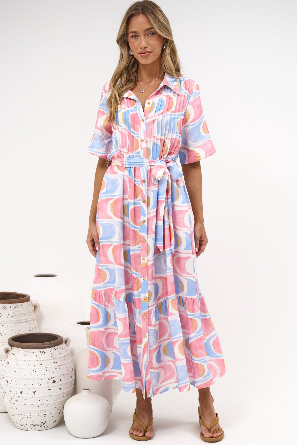 Vespera Maxi Dress - Collared Pintuck Detailed Shirt Dress with Matching Waist Tie in Sunset Swirl Print