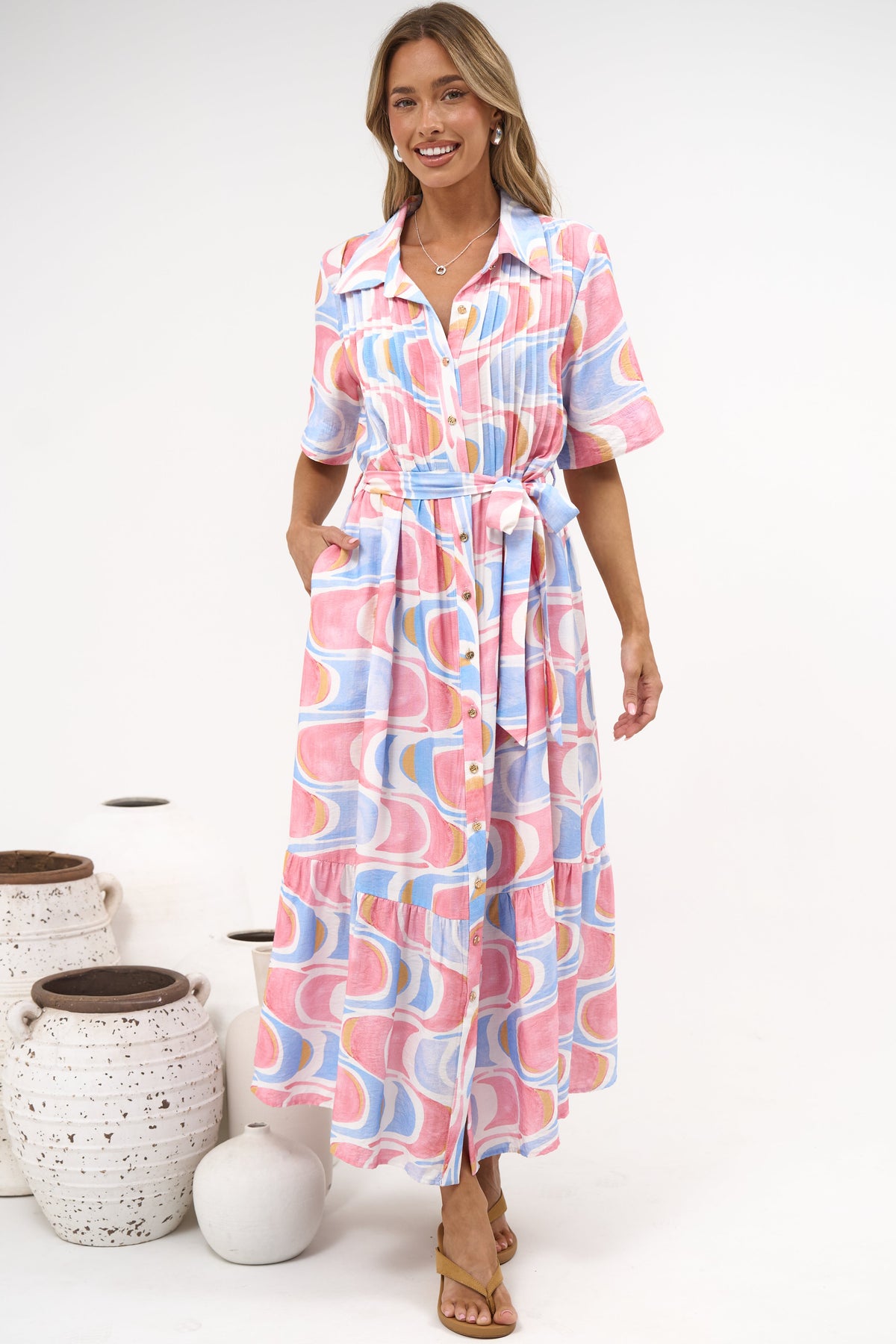 Vespera Maxi Dress - Collared Pintuck Detailed Shirt Dress with Matching Waist Tie in Sunset Swirl Print
