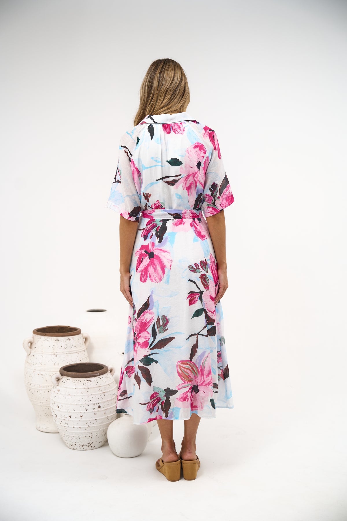 Posie Midi Dress - Collared Button Down Shirt Dress with Matching Waist Tie in Anemone Print
