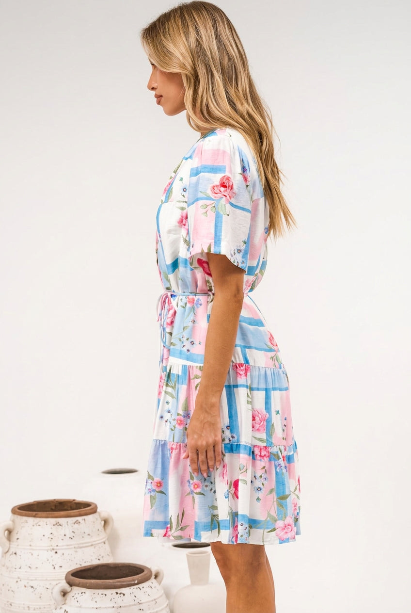 Alissa Mini Dress - Mandarin Collar Shirt Dress with Waist Tie in Bluebelle Print