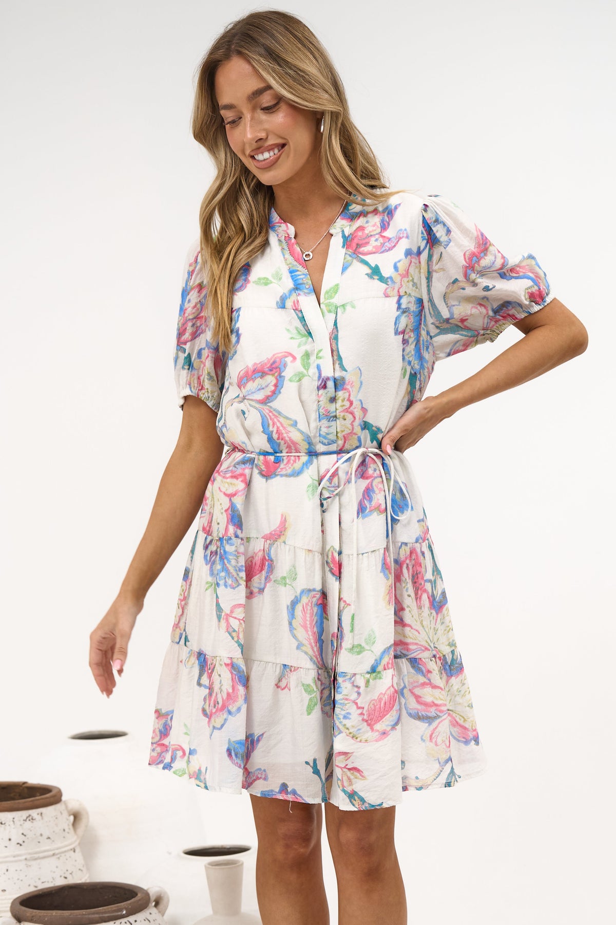 Cecilia Mini Dress - Mandarin Collar Shirt Dress with String Belt in Lazuli Print