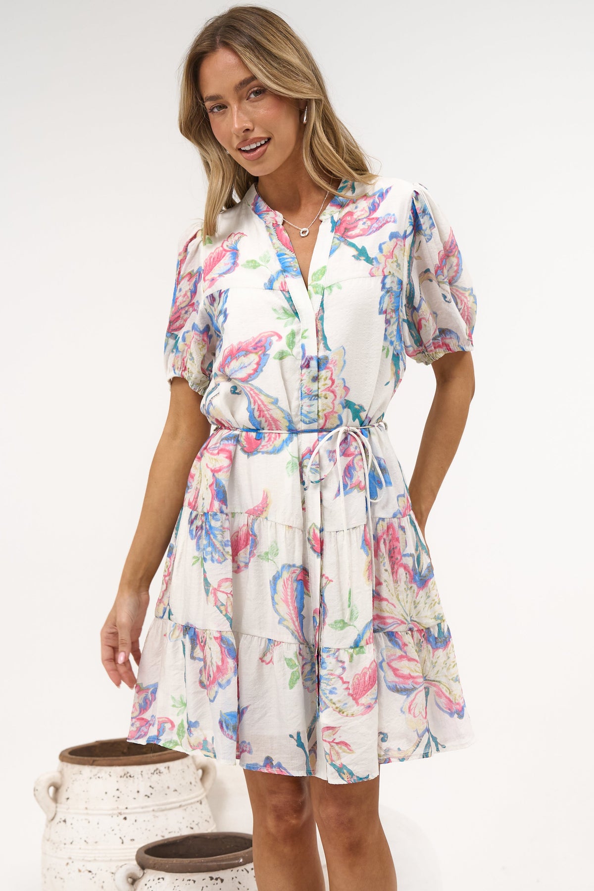 Cecilia Mini Dress - Mandarin Collar Shirt Dress with String Belt in Lazuli Print