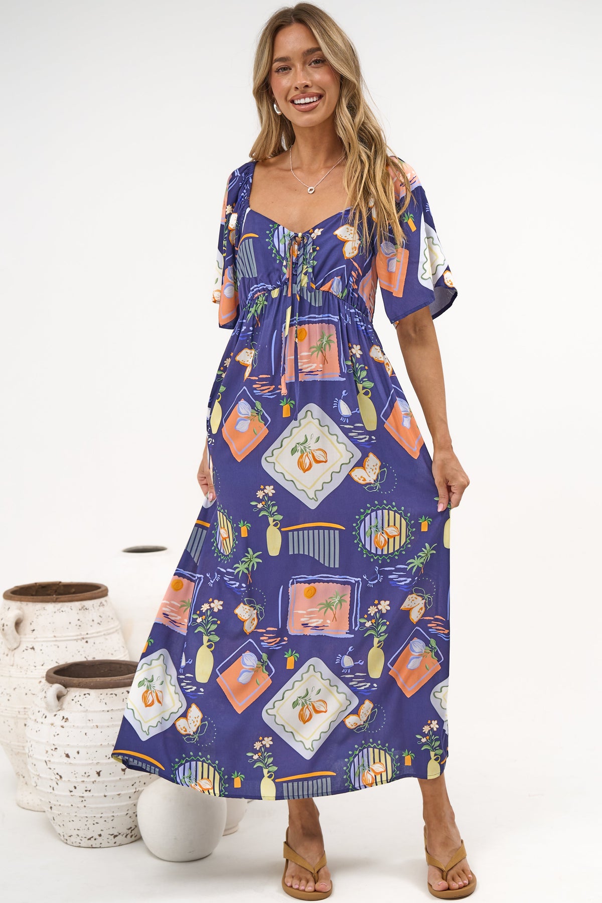 Elisha Midi Dress - On or Off Shoulder A-Line Dress with Empire Waistline in Kalil Print Navy