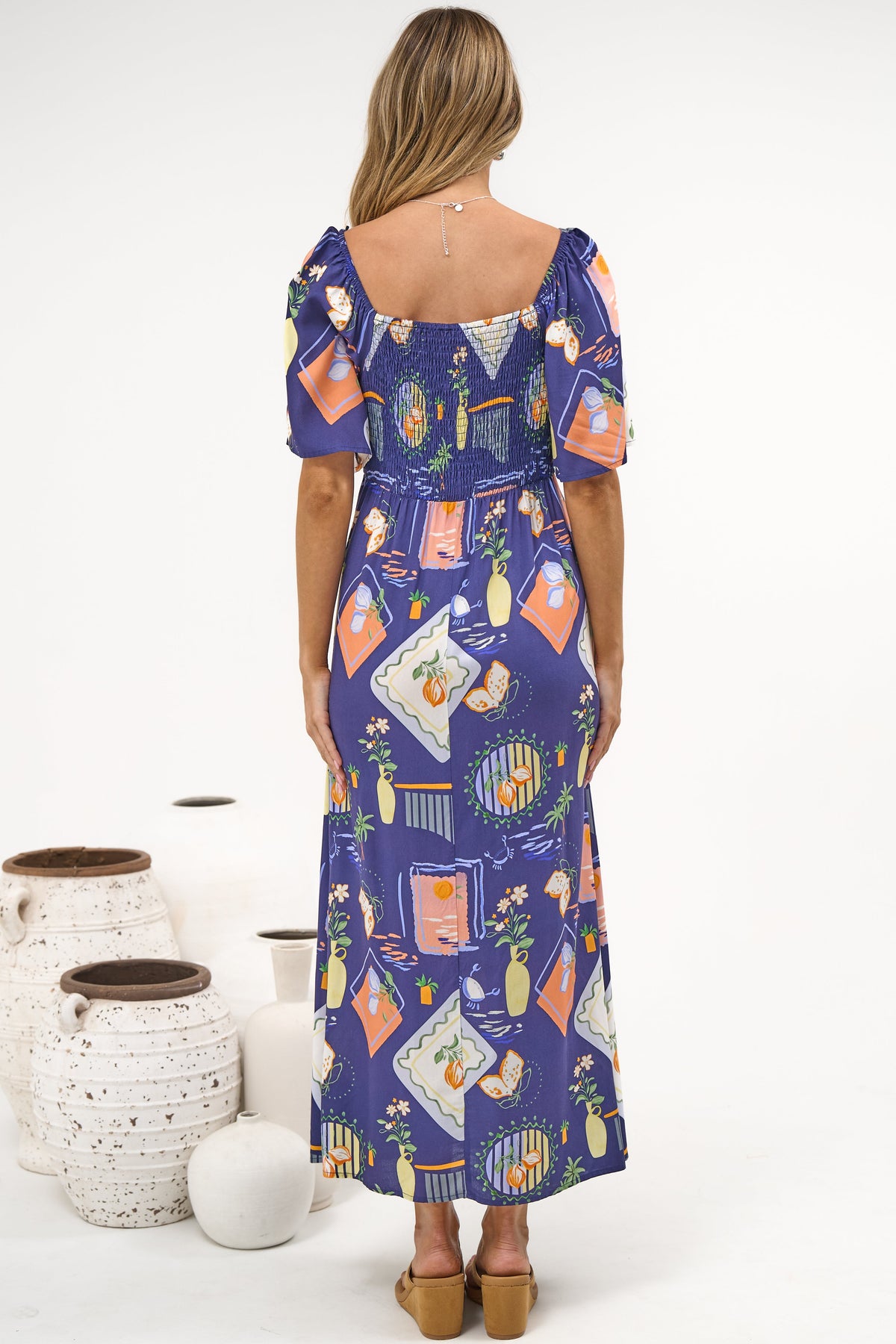Elisha Midi Dress - On or Off Shoulder A-Line Dress with Empire Waistline in Kalil Print Navy