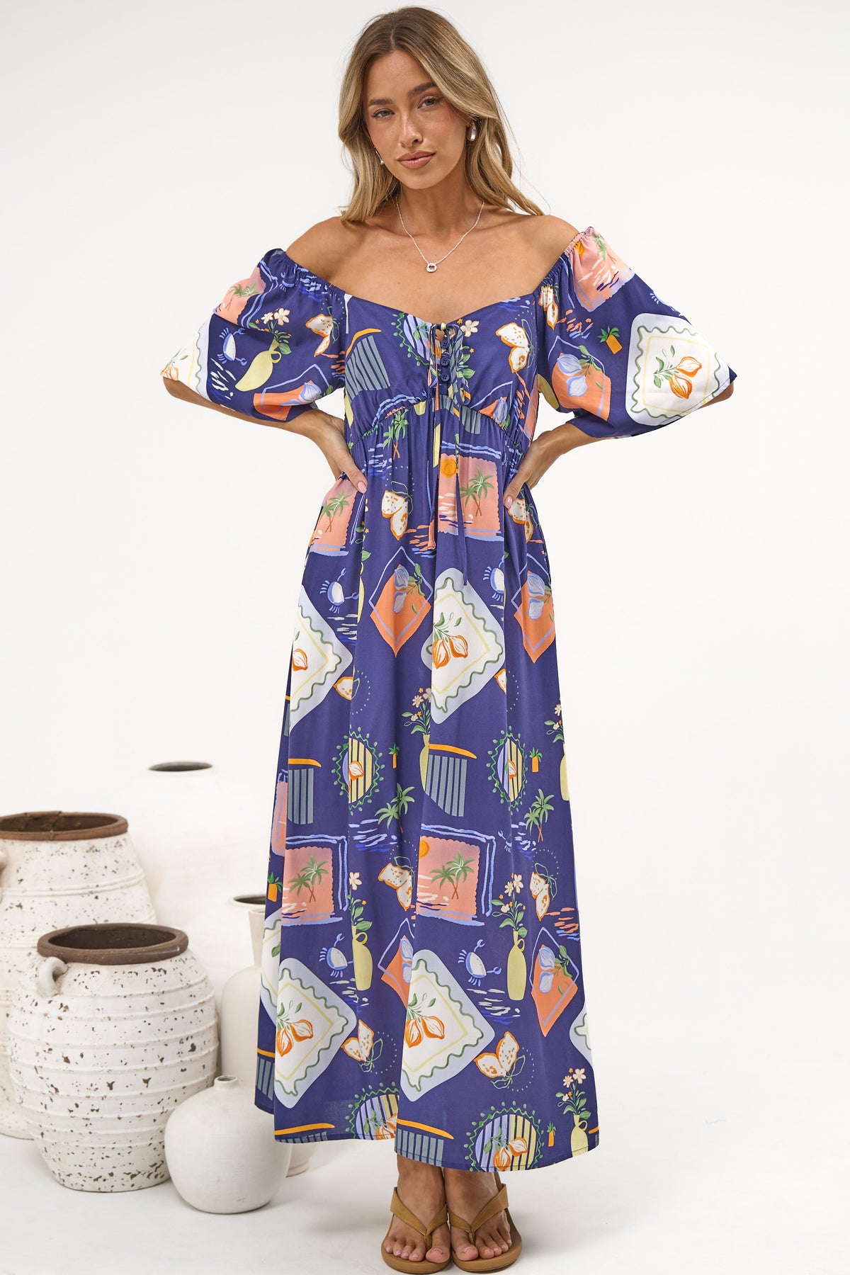 Elisha Midi Dress - On or Off Shoulder A-Line Dress with Empire Waistline in Kalil Print Navy