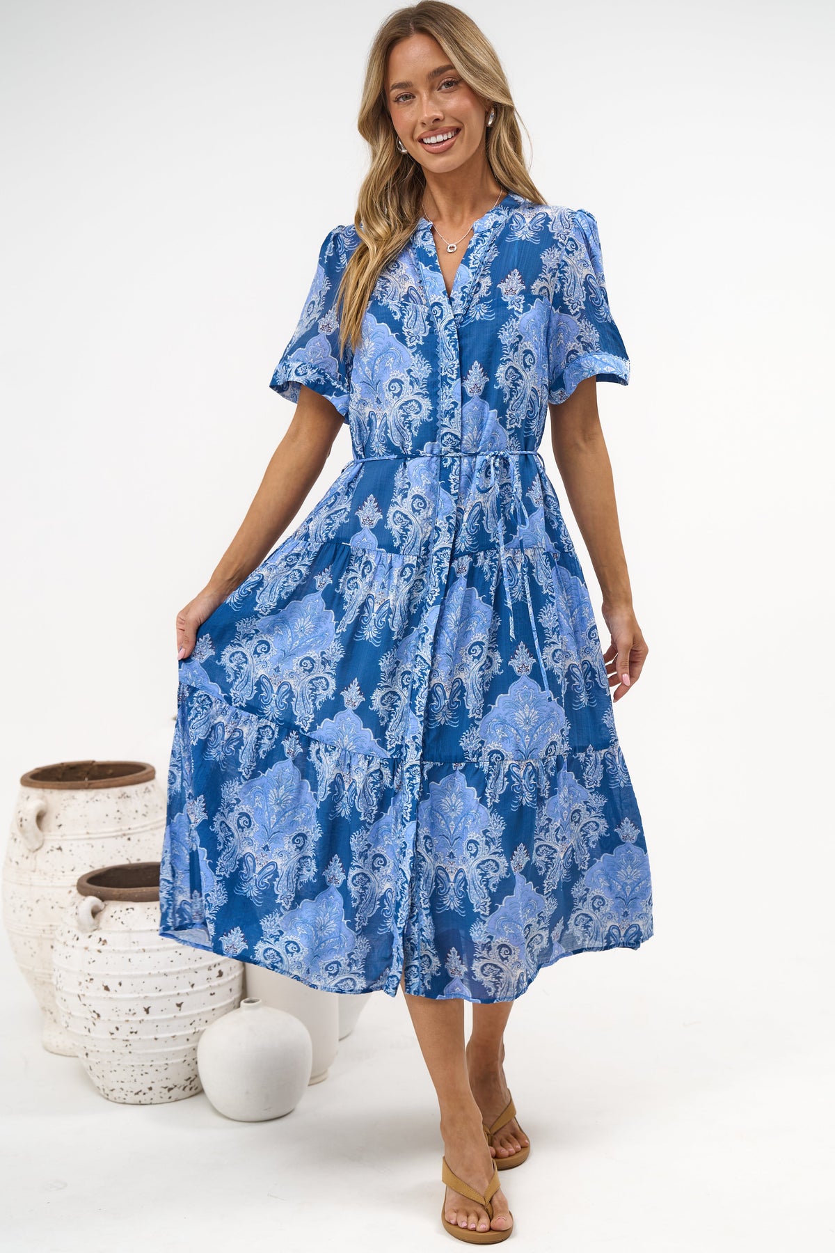 Malva Midi Dress - Split Collar Wavy Trim Detailed Shirt Dress with Waist Tie in Paiselle Print