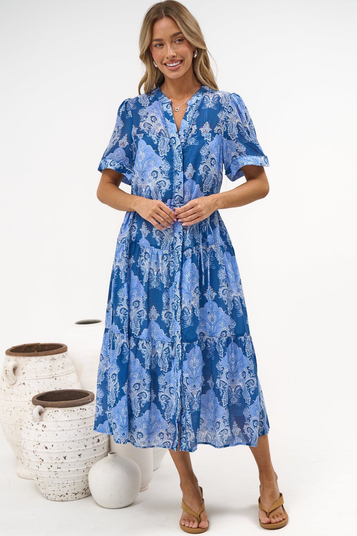 Malva Midi Dress - Split Collar Wavy Trim Detailed Shirt Dress with Waist Tie in Paiselle Print