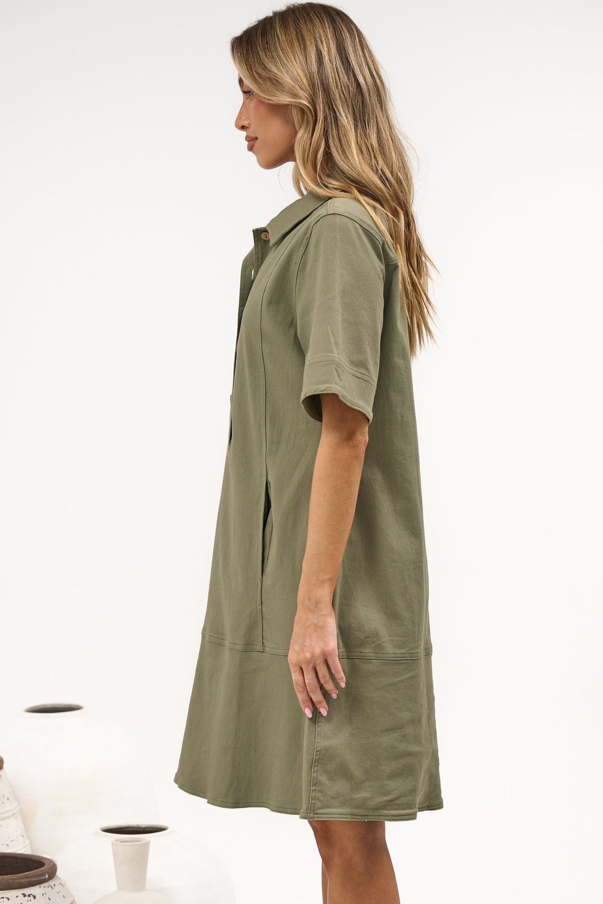 Nyx Mini Dress - Collared Short Sleeve Denim Dress with Pockets in Khaki