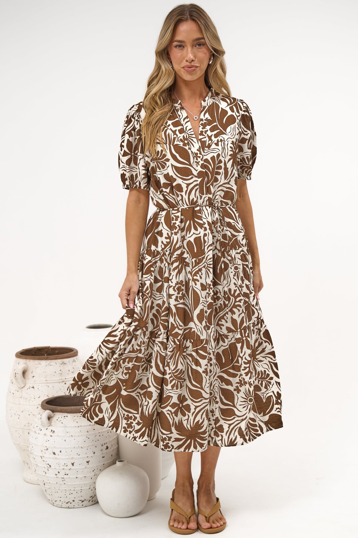 Andrea Midi Dress - Tiered Mandarin Collar Shirt Dress with Belt in Milos Print