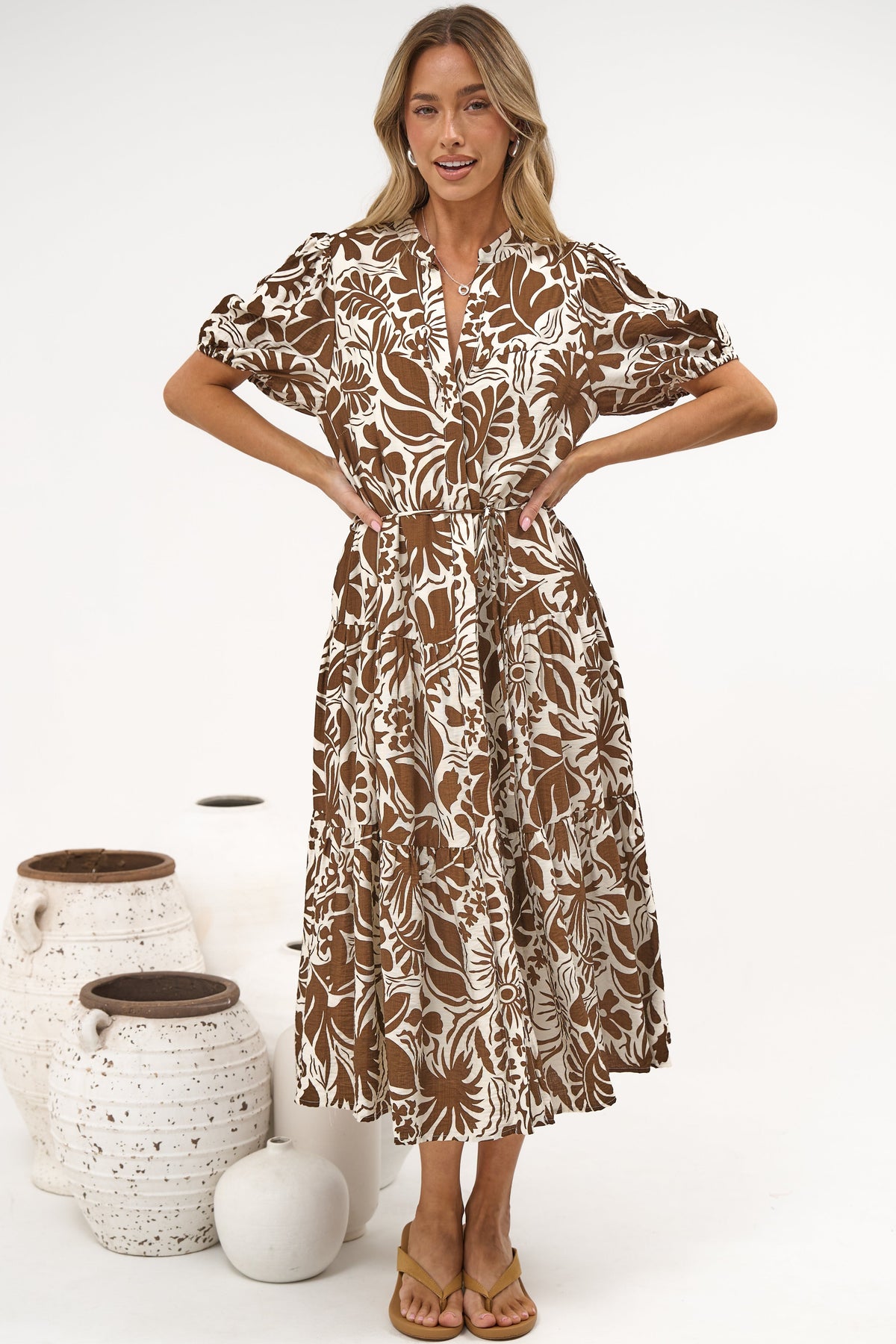 Andrea Midi Dress - Tiered Mandarin Collar Shirt Dress with Belt in Milos Print