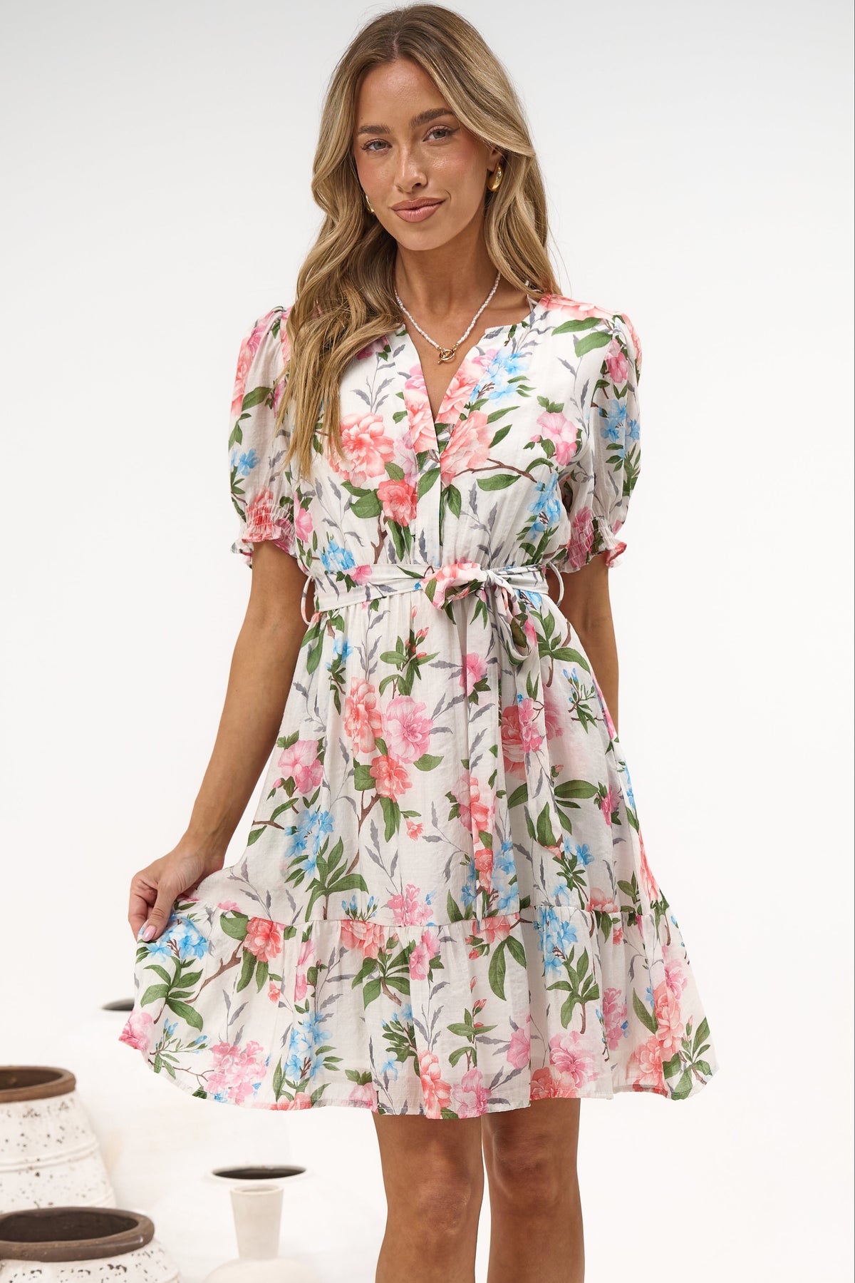 Yasmina Mini Dress - Split V Neckline Tiered Dress with Matching Waist Tie in Oleandra Print