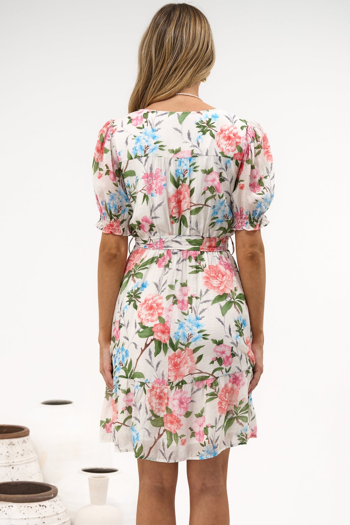 Yasmina Mini Dress - Split V Neckline Tiered Dress with Matching Waist Tie in Oleandra Print