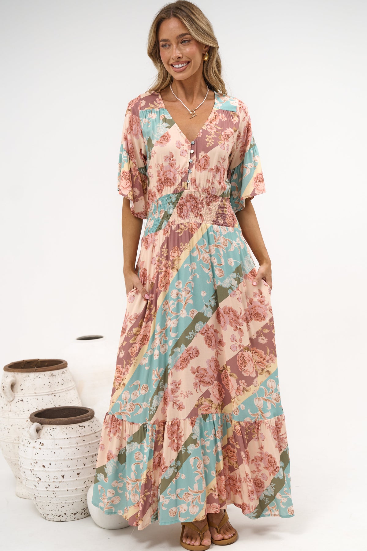 Jemina Maxi Dress - V-Neck Elasticated Waist A-Line Dress in Clavelle Print