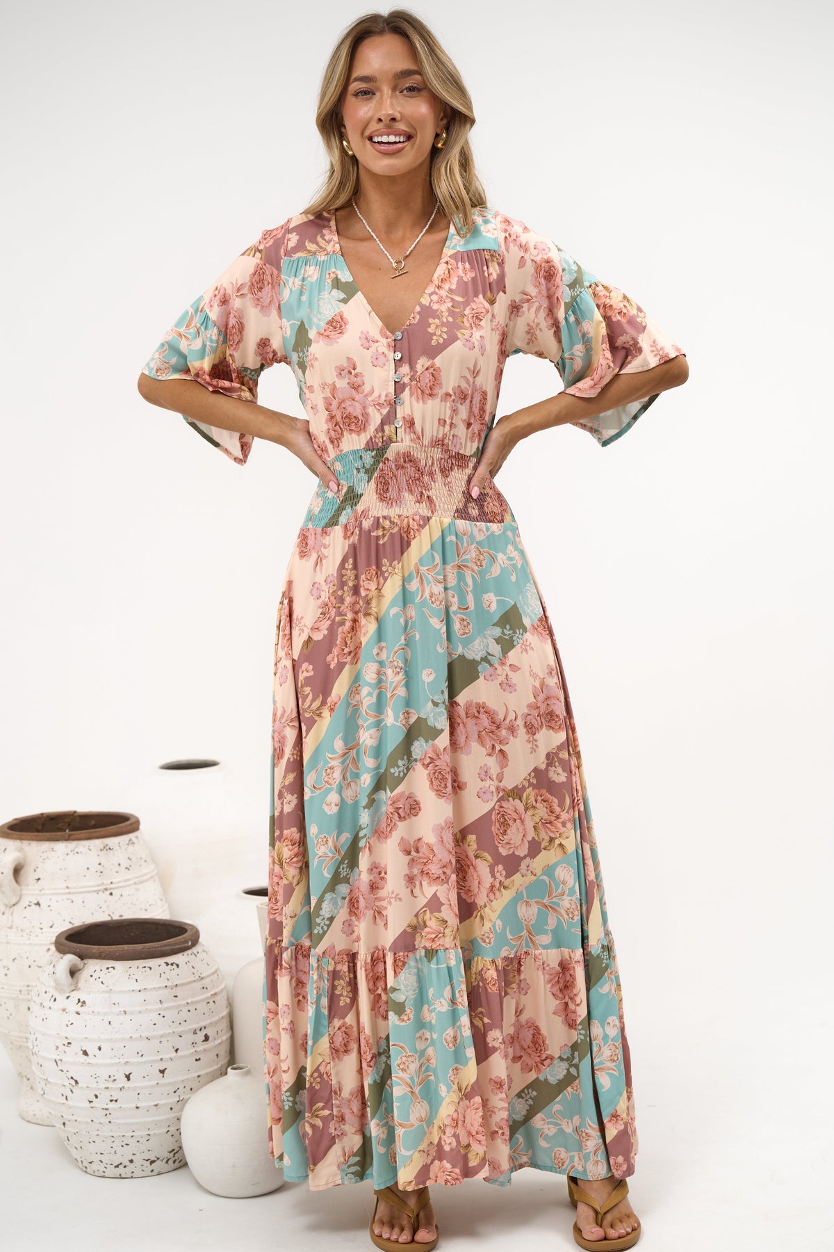 Jemina Maxi Dress - V-Neck Elasticated Waist A-Line Dress in Clavelle Print