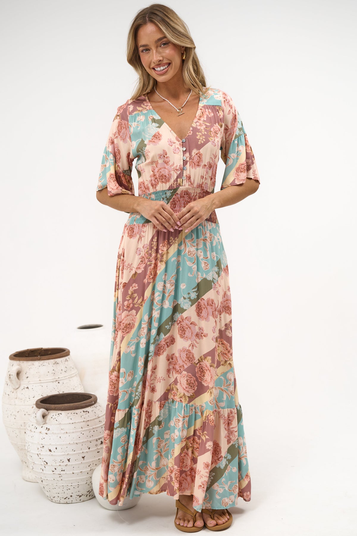 Jemina Maxi Dress - V-Neck Elasticated Waist A-Line Dress in Clavelle Print