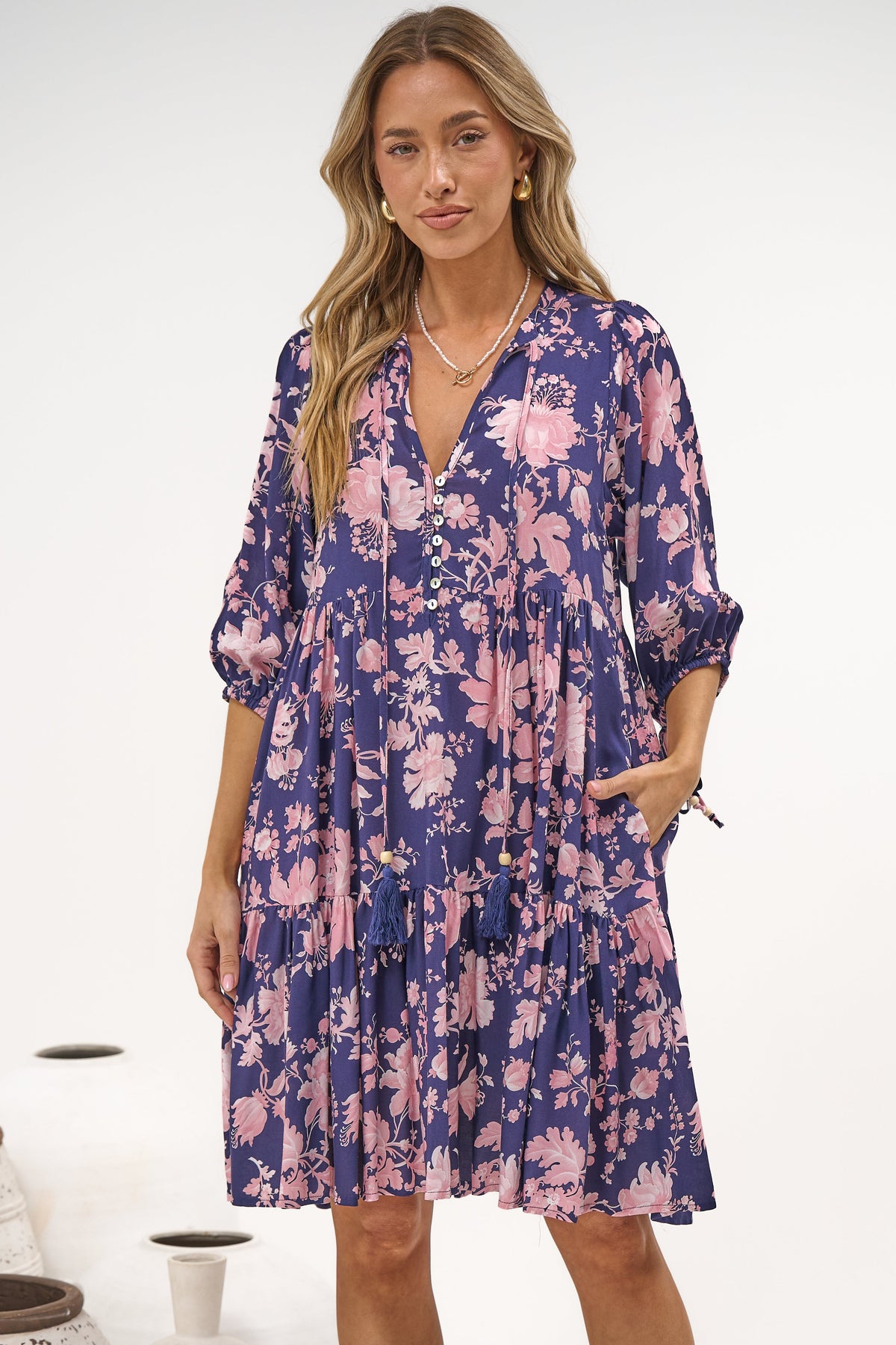 Marah Mini Dress - Mandarin Collar Short Sleeve with Tie Smock Dress in Hollis Print Navy