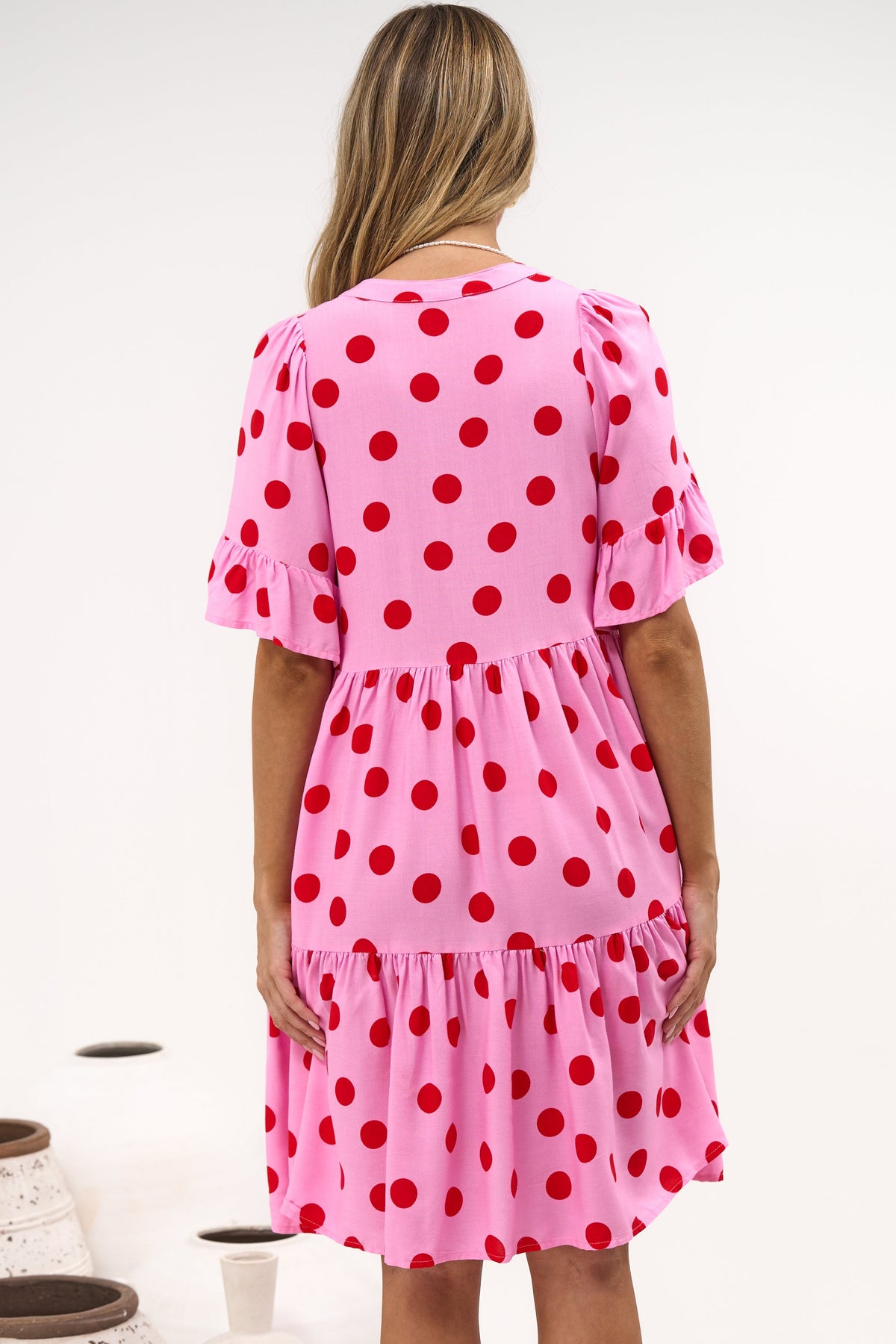 Abilia Mini Dress - Mandarin Collar Smock Dress in Connie Print Pink/Red