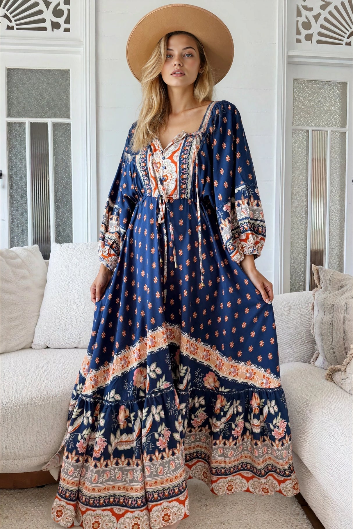 JAASE - Catalonia Maxi Dress: Batwing Sleeve Button Down Smock Dress in Asha Print